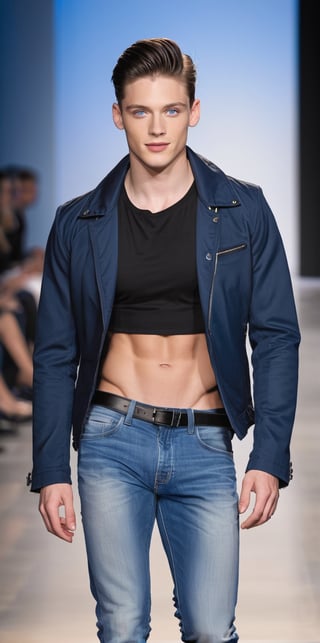 Hyperrealistic photograph of a beautiful, young man. Latino man, pale skin, very clear and bright light blue eyes. 22yo, side parted hair, dark black hair, shaved on the side, locks of hair on face. Average body.

He wearing a jeans and a navy blue jacket. (((The jacket is open, The young man shows his chest and abs))).

The young man is models. He's modeling, walking down a fashion runway. He has a model pose. Smile at the camera. sexy, hot, masculine.

Set the scene on a French fashion runway. There are many people on the sides watching the fashion show. Many flash cameras photographing the model

(The shot is far away). The shot is wide to notice the details of the fashion catwalk and in the center the full-length men.