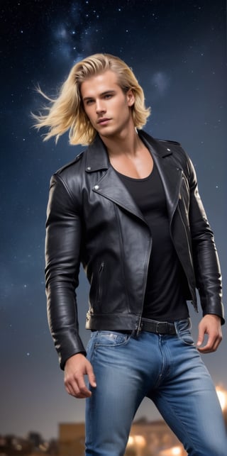 Imagine the following scene:

Surreal photography, on a background of stars, many stars flying in the air. Stars with a black background.

In the middle of the image, a beautiful man from Europe, blonde, dressed in jeans and a black jacket. 25yo, muscular. Full body shot.

The shot is wide to capture the details of the scene. 

high realism aesthetic photo, RAW photo, 16K, real photo, best quality, high resolution, masterpiece, HD, perfect proportions, perfect hands