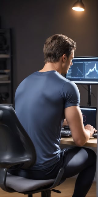 Imagine the following scene:

Realistic photo of a man from behind sitting typing on a laptop. Back to camera

The scene is a very dark room, only the light from the computer.

Broad and muscular back, light brown hair.

Typing on the laptop.

The man wears dark sports clothing.

The shot is wide to capture the details of the scene. Full body shot. best quality, 8K, high resolution, masterpiece, HD, perfect proportions, perfect hands.