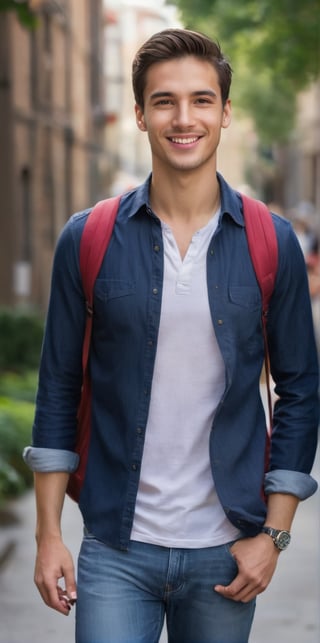 
Imagine the following scene:

Realistic photograph of a man. Full body shot.

The man is a university student.

He wears a red shirt, jeans, sports shoes, and carries a bag on his back.

The man is from Colombia, 20yo, masculine, brown eyes, average body. Big, bright eyes, full, pink lips. Brown hair.

Walk around the university. He smiles, he is happy walking.

(photorealistic), masterpiece: 1.5, beautiful lighting, best quality, beautiful lighting, realistic and natural image, intricate details, everything in focus, perfect focus, photography, masterpiece. small nuances, supreme resolution, 32K, ultra-sharp, superior quality details, realistic and complex, perfect proportions, perfect hands, perfect feet.