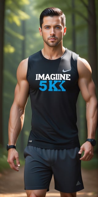 (photorealistic), masterpiece:1.5, beautiful lighting, best quality, beautiful lighting, realistic, real image, intricate details, 

Imagine a man, beautiful Hispanic man, 30yo, blue eyed, athletic, wearing a sleeveless shirt. Dark black hair, body hair, Make sure the text '5K' appears prominently in a stylish font on your t-shirt. Aim for perfection in every detail, Text, running, the background is a park full of trees, wearing a sports shorts