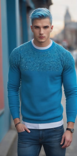 
Imagine the following scene: 

A beautiful man. Half body shot.  

The man is standing, posing in front of the camera. Model posture. 

The man wears jeans, embroidered neon red sweater. Very thick wool sweater.

The man is from England. 20 years old, man, muscles, very light and large blue eyes, short hair, full and pink lips. neon blue hair. 

(photorealistic), masterpiece: 1.5, beautiful lighting, best quality, beautiful lighting, realistic and natural image, intricate details, everything in focus, perfect focus, photography, masterpiece. small nuances, supreme resolution, 32K, ultra-sharp, superior quality details, realistic and complex, perfect proportions, perfect hands, perfect feet.