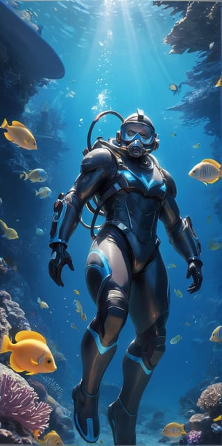 Imagine the following scene:

Under the sea, on a coral reef, three beautiful colorful fish swim.

On the surface it is daytime, the sunlight enters the sea, giving beautiful sparkles to the image

In the center of the shot a beautiful man in a diving suit. The suit fits his muscular body, his black hair moves with the sea, he has a mask and a snorkel.

The perspective of the shot is from bottom to top, detailing the corals and the fish in the center. You can see the surface of the sea