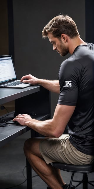 Imagine the following scene:

Realistic photo of a man from behind sitting typing on a laptop. Back to camera

The scene is a very dark room, only the light from the computer.

Broad and muscular back, light brown hair.

Typing on the laptop.

The man wears dark sports clothing.

The shot is wide to capture the details of the scene. Full body shot. best quality, 8K, high resolution, masterpiece, HD, perfect proportions, perfect hands.