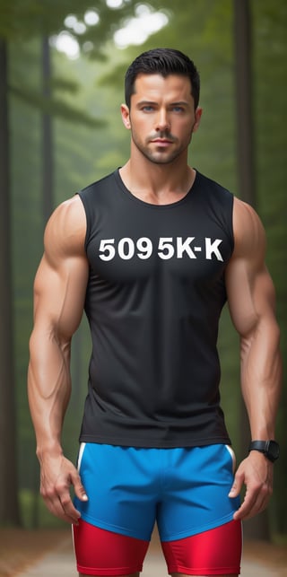 (photorealistic), masterpiece:1.5, beautiful lighting, best quality, beautiful lighting, realistic, real image, intricate details, 

Imagine a man, beautiful Hispanic man, 30yo, blue eyed, muscular, wearing a sleeveless shirt. Dark black hair, body hair, (((Make sure the text '5K' appears prominently in a stylish font on your t-shirt))). Aim for perfection in every detail,Text, running, the background is a park full of trees, wearing a sports shorts