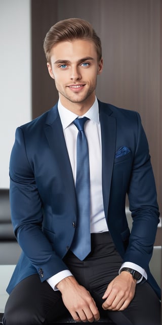 Hyperrealistic photograph of a beautiful man with an average body, young, Russian, 25 years old, very large and bright blue eyes. Very light brown hair, medium and very straight hair. Brown skin, tanned skin

He wears a white shirt with a colored tie. Black dress pants. Over the shirt a tight-fitting suit vest. Black dress shoes. discreet smile. defined jaw.

The man is sitting on a sofa in a very modern executive office. He is sitting cross-legged. His back rests on the sofa. Pose of an executive listening to a meeting.

The photograph is distant and wide. You can notice the details of the office.