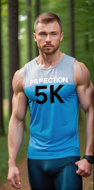 Imagine a man, beautiful Russian man, 30yo, blue eyed, muscular, wearing a sleeveless shirt. Make sure the text '5K' appears prominently in a stylish font on your t-shirt. Aim for perfection in every detail,Text, running, the background is a park full of trees