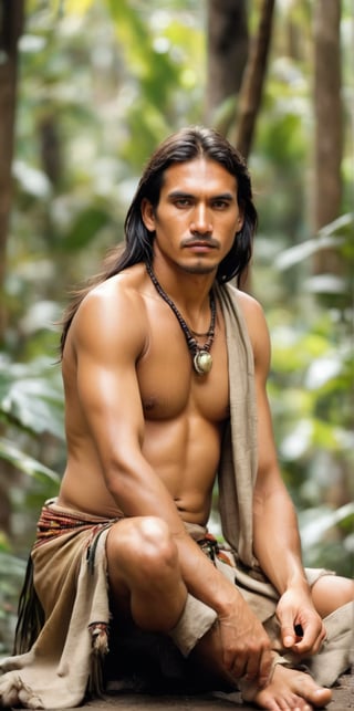 Imagine the following scene:

Realistic photograph of a man. Full body shot.

The man is a Native American.

It is outdoors, blurred background.

He wears an indigenous loincloth, sandals.

1 indigenous Venezuelan man. Average body. It's in the jungle.

Dynamic pose, sitting. looking at the camera sensually. 

(photorealistic), masterpiece: 1.5, beautiful lighting, best quality, beautiful lighting, realistic and natural image, intricate details, everything in focus, perfect focus, photography, masterpiece. small nuances, supreme resolution, 32K, ultra-sharp, superior quality details, realistic and complex, perfect proportions, perfect hands, perfect feet.