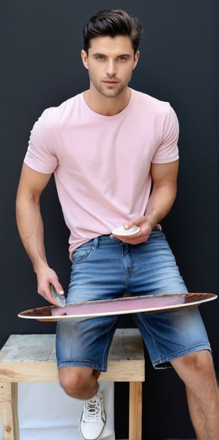 Hyperrealistic photograph of a beautiful italian man, 25 years old, white, very light skin and big blue eyes. Black hair, side parted hair, dark black hair, shaved on one side, spiky hair. Average body. slight smile

The man is a professional model. In his hands he holds a beautiful epoxy resin plate with a wave effect. The plate is made of wood and circular. The focus of the photograph is the plate. The model shows the plate to the camera.

The man sitting on a stool, upright, wearing a pastel pink flannel clothing, sports shoes and  and knee-length jean shorts.

(The man has in his hands a large epoxy resin plate, a beautiful plate with a river effect made with epoxy resin, you can see the detail of the effect and with a unique shine. It is a beautiful plate and you can see the quality of the piece. The focus of the photograph is the epoxy resin river effect plate. Focus on the plate)

The background is very black, a very dark background.

The shot is far away. A wide shot where you can see the full-length man sitting in the center of the image showing the beautiful epoxy resin plate