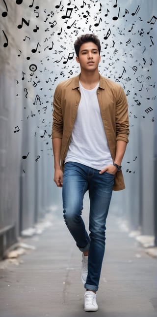 
Imagine the following scene:

Surreal photography, on a background of musical notes, many musical notes flying in the air. Many pentagrams.

In the middle of the image a beautiful, young, Latino man wearing casual clothing.

Full body shot. The shot is wide to capture the details of the scene.

high realism aesthetic photo, RAW photo, 16K, real photo, best quality, high resolution, masterpiece, HD, perfect proportions, perfect hands