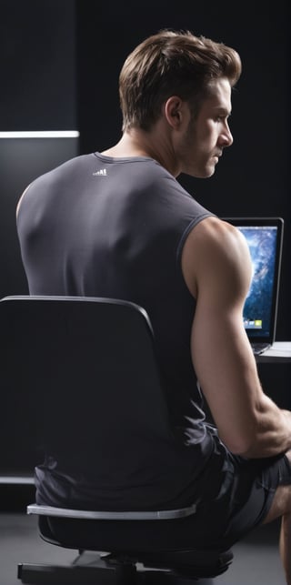 Imagine the following scene:

Realistic photo of a man from behind sitting typing on a laptop. Back to camera

The scene is a very dark room, only the light from the computer.

Broad and muscular back, light brown hair.

Typing on the laptop.

The man wears dark sports clothing.

The shot is wide to capture the details of the scene. Full body shot. best quality, 8K, high resolution, masterpiece, HD, perfect proportions, perfect hands.