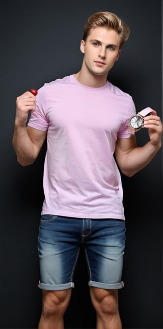 Hyperrealistic photograph of a beautiful Russian man, 25 years old, white skin, very light blue eyes. Big, bright eyes. hair parted on one side, light brown hair, with blonde highlights, shaved on one side, spiky hair. Average body. slight smile

The man is a professional model. It stands with a beautiful square hand wall clock. The clock is made with epoxy resin, a black background clock with a marble effect, which shows the shine of the epoxy resin.

The man standing together showing the resin watch held in his hands to the camera, with his hands outstretched. The man wears pastel pink flannel clothing, sports shoes, and knee-length jean shorts.

The background is very black, a very dark background.

The shot is far away. A wide shot where you can see the full-length man in the center of the image showing the beautiful epoxy resin watch