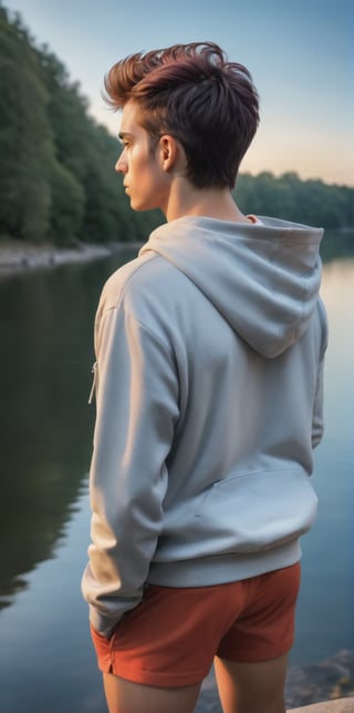 Imagine the following scene:

Photograph of a beautiful sunset on a lake. The colors in the sky orange and red. The lake reflects the beauty of the sunset.

Standing with his back turned, a man contemplates the lake.

Visiting jean and hoodie. Sports shoes.

The man is from Salvador, 20 years old, medium body, short hair. 

Back to camera. Serene pose, with hands in pockets.

(photorealistic), masterpiece: 1.5, beautiful lighting, best quality, beautiful lighting, realistic and natural image, intricate details, all in sharp focus, perfect focus, photography, masterpiece, meticulous nuances, supreme resolution, 32K, ultra-sharp, Superior Quality, realistic and complex details, perfect proportions, perfect hands, perfect feet.