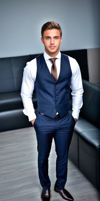 Hyperrealistic photograph of a beautiful man with an average body, young, Venezuelan man, 25 years old, very large and bright blue eyes. Very light brown hair, medium and very straight hair. Brown skin, tanned skin

He wears a white shirt with a colored tie. Black dress pants. Over the shirt a tight-fitting suit vest. Black dress shoes. discreet smile. defined jaw.

The man is sitting on a sofa in a very modern executive office. He is sitting cross-legged. His back rests on the sofa. Pose of an executive listening to a meeting.

The photograph is distant and wide. You can notice the details of the office.