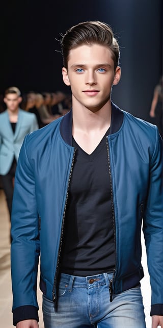 Hyperrealistic photograph of a beautiful, young man. Latino man, pale skin, very clear and bright light blue eyes. 22yo, side parted hair, dark black hair, shaved on the side, locks of hair on face. Average body. abs, marked and defined chest

He wearing a jeans and a navy blue jacket. (((The jacket is open, The young man shows his chest and abs))). 

The young man is models. He's modeling, walking down a fashion runway. He has a model pose. Smile at the camera. sexy, hot, masculine.

Set the scene on a French fashion runway. There are many people on the sides watching the fashion show. Many flash cameras photographing the model

(The shot is far away). The shot is wide to notice the details of the fashion catwalk and in the center the full-length men.