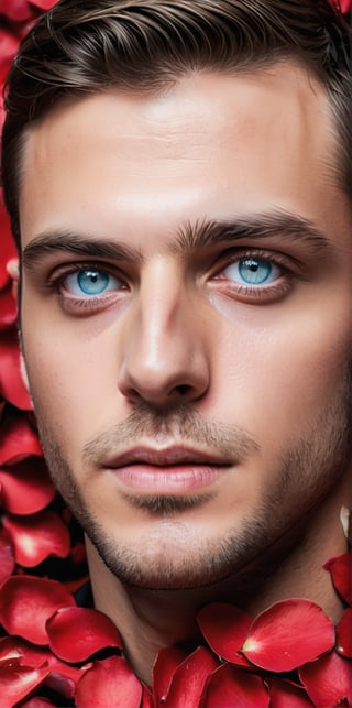 (photorealistic), masterpiece:1.5, beautiful lighting, best quality, realistic, real image, intricate details, perfect focus, male focus, perfect face, extremely handsome, Photograph, masterwork, supreme resolution, 32K, ultra-defined, very defined faces, excellent quality, masculine and beautiful men

Generate a hyper-realistic image of a beautiful Italian man, 20 years old, light blue eyes, the man is buried in a room full of completely red rose petals and showing only his face.

Camera settings to capture such a vibrant and detailed image would likely include: Canon EOS 5D Mark IV, Lens: 85mm f/1.8, f/4.0, ISO 100, 1/500 sec