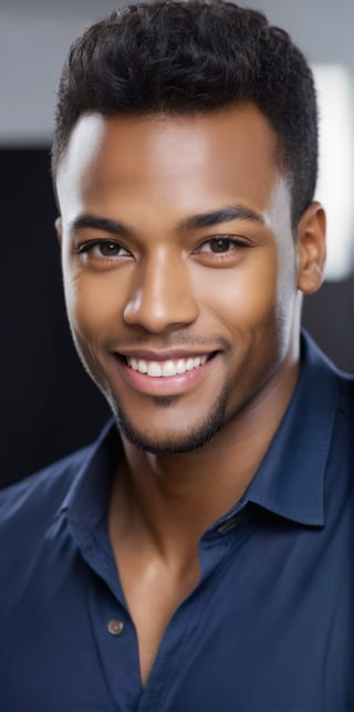 Imagine the following scene. Realistic photography of a beautiful man. Half body shot. Close up. Posing to the camera. he is a professional model. Smile. He wears a dark blue shirt. The man is African-American, dark skin, straight black hair, short hair, honey-colored eyes, light and bright eyes, full and pink lips, blush. Long eyelashes, bangs on the forehead. Instagram photography. Blurred black background. (photorealistic), masterpiece: 1.5, beautiful lighting, best quality, beautiful lighting, realistic and natural image, intricate details, everything in focus, perfect focus, photography, masterpiece. , small nuances, supreme resolution, 32K, ultra-sharp, superior quality details, realistic and complex, perfect proportions, perfect hands, perfect feet.