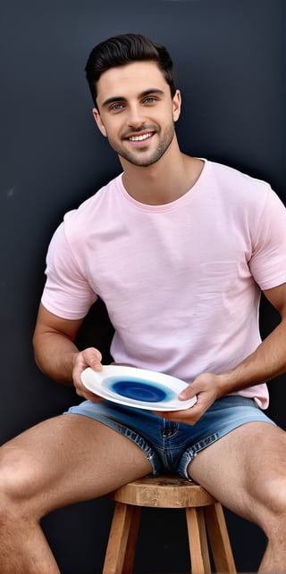 Hyperrealistic photograph of a beautiful italian man, 25 years old, white, very light skin and big blue eyes. Black hair, side parted hair, dark black hair, shaved on one side, spiky hair. Average body. slight smile

The man is a professional model. In his hands he holds a beautiful epoxy resin plate with a wave effect. The plate is made of wood and circular. The focus of the photograph is the plate. The model shows the plate to the camera.

The man sitting on a stool, upright, wearing a pastel pink flannel clothing, sports shoes and  and knee-length jean shorts.

(The man has in his hands a large epoxy resin plate, a beautiful plate with a river effect made with epoxy resin, you can see the detail of the effect and with a unique shine. It is a beautiful plate and you can see the quality of the piece. The focus of the photograph is the epoxy resin river effect plate. Focus on the plate)

The background is very black, a very dark background.

The shot is far away. A wide shot where you can see the full-length man sitting in the center of the image showing the beautiful epoxy resin plate