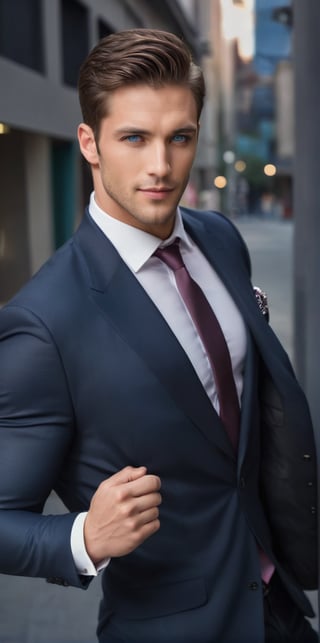 Imagine the following scene.

Realistic photography of a beautiful man. Half body shot.

The man outdoors.

The man is standing, walking with style and confidence.

Wearing a black suit. (((The jacket has white lines))).

The man is muscular, with thick, defined legs. Very clear and large blue eyes. Short brown hair, blush, full, pink lips. Angular face, long eyelashes. 30yo, from Peru.

Falling, looking at the camera mischievously, discreet smile.

(photorealistic), masterpiece: 1.5, beautiful lighting, best quality, beautiful lighting, realistic and natural image, intricate details, everything in sharp focus, perfect focus, photography, masterpiece, meticulous nuances, supreme resolution, 32K, ultra-sharp, quality Details superior, realistic and complex, perfect proportions, perfect hands, perfect feet.