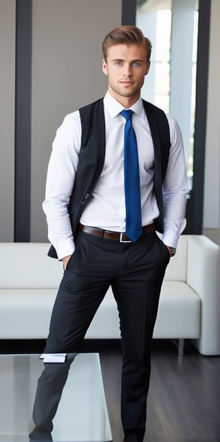 Hyperrealistic photograph of a beautiful man with an average body, young, Russian, 25 years old, very large and bright blue eyes. Very light brown hair, medium and very straight hair. Brown skin, tanned skin

He wears a white shirt with a colored tie. Black dress pants. Over the shirt a tight-fitting suit vest. Black dress shoes. discreet smile. defined jaw.

The man is sitting on a sofa in a very modern executive office. He is sitting cross-legged. His back rests on the sofa. Pose of an executive listening to a meeting.

The photograph is distant and wide. You can notice the details of the office.