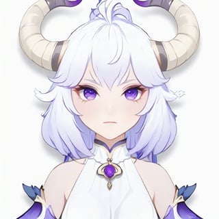 masterpiece,best quality,avatar,head photo,anime character avatar, ganyu_\(genshin_impact\), bell, horns, 1girl, detached_sleeves, goat_horns, cowbell, purple_eyes, ahoge, simple_background, bare_shoulders, medium_breasts, closed_mouth, blue_hair, bodysuit, white_background, breasts, upper_body