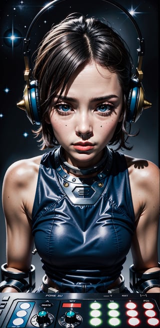 1 girl, sound device face, blue hands, DJ from space armor, space, stars, many planets, ,star wars, entire body view perfect, blue face, ponty ears,  girl face, dreamy face, ,space DJ, translucid skin:1.4, black sclera, yellow eyes, 