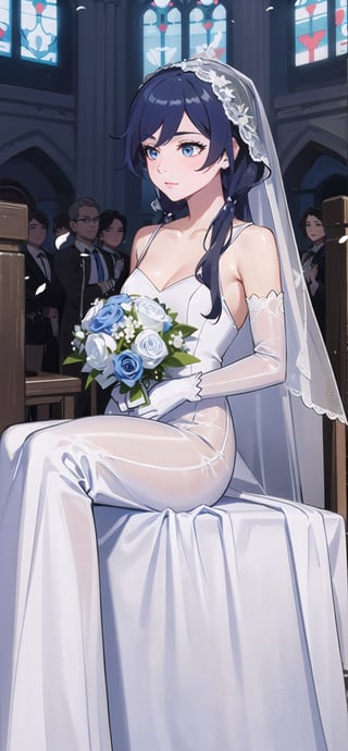 (1 beautiful woman, ornamented long blue hair,expensive detailed white wedding dress design by Clare Waight Keller, white bride veil, long white gloves), walking to the altar, holding a bouquet, church location, wedding, celebration time, petals falling down, people sitting down background, priest in front of the spouse, close-up ,perfecteyes,fu hua