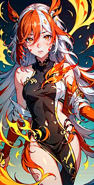 fu hua\bengluofu hua\bengluowhite_hair, orange_eyes, streaked_hair, fu hua, orange_hair, red_hair, fire, fiery_hair, hair_between_eyes, multicolored_hair, fu hua\bengluo, fiery_wings