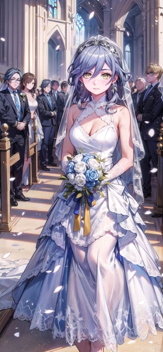 (1 beautiful woman, ornamented long blue hair, bright yellow-sand eyes, expensive detailed white wedding dress design by Clare Waight Keller, white bride veil, long white gloves, large breasts), walking to the altar, holding a bouquet, church location, wedding, celebration time, petals falling down, people sitting down background, priest in front of the spouse, close-up ,perfecteyes,fu hua