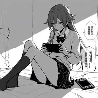 [[fu hua (phoenix)(honkai impact 3rd)]], nai3, 1girl, solo, artstyle,
multiple girls, skirt, 2girls, school uniform, monochrome, socks, yuri, sweater, kneehighs, bed, chinese text, handheld game console, playing games