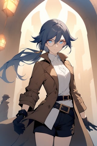 [[fu hua (phoenix)(honkai impact 3rd)]], nai3, 1girl, solo, artstyle,
1girl, solo, long hair, looking at viewer, bangs, blue eyes, shirt, black hair, gloves, long sleeves, hair between eyes, closed mouth, standing, jacket, white shirt, ponytail, glasses, shorts, black gloves, belt, black shorts, brown jacket, brown coat, monocle, polo shirt, detective, fu hua