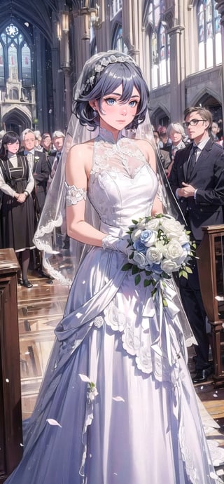 (1 beautiful woman, ornamented long blue hair,expensive detailed white wedding dress design by Clare Waight Keller, white bride veil, long white gloves), walking to the altar, holding a bouquet, church location, wedding, celebration time, petals falling down, people sitting down background, priest in front of the spouse, close-up ,perfecteyes,fu hua