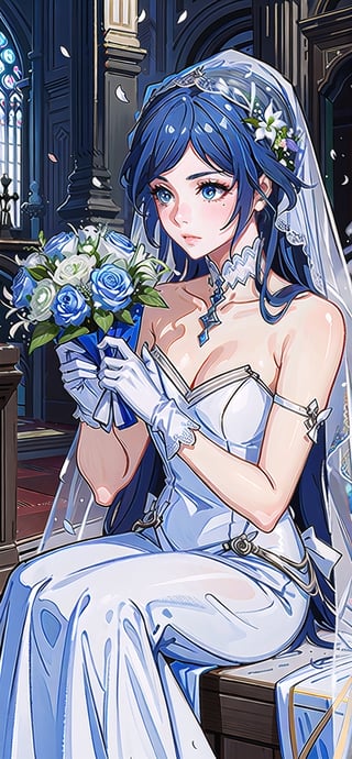 (1 beautiful woman, ornamented long blue hair,expensive detailed white wedding dress design by Clare Waight Keller, white bride veil, long white gloves), walking to the altar, holding a bouquet, church location, wedding, celebration time, petals falling down, people sitting down background, priest in front of the spouse, close-up ,perfecteyes,fu hua