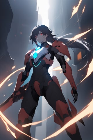 [[fu hua (phoenix)(honkai impact 3rd)]], nai3, 1girl, solo, artstyle,
solo, black hair, 1boy, weapon, male focus, armor, science fiction, cyborg, power armor