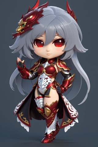 chibi, full body, (1girl, looking at viewer), white long hair, black metalic mechanical_armor, dynamic pose, delicate white filigree, intricate filigree, red metalic parts, intricate armor, detailed part, chibi style,3d style