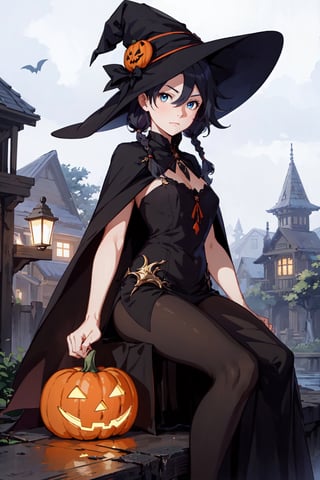 1girl, solo, realistic, black hair, long hair, twin braids, long bangs, looking at viewer,sitting, witch hat, witch cloak, holding Halloween pumpkin, dark gothic background illuminated by lantern pumpkins,senti,fu hua