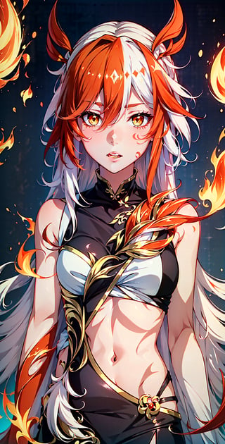 fu hua\bengluofu hua\bengluowhite_hair, orange_eyes, streaked_hair, fu hua, orange_hair, red_hair, fire, fiery_hair, hair_between_eyes, multicolored_hair, fu hua\bengluo, fiery_wings