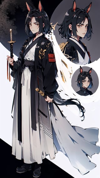 muscular mechanical body, ((1boy))((brown eyes, black-hair)), black leather coat,(( holding chinese blade and Shield)) ,midjourney portrait,swordsman,full_body, , 
,long skirt,line anime,(((animal ears, tail,male, horse ears,horse tail))),print robe,mature,annoyed,((( spiked hair,undercut))),long print skirt