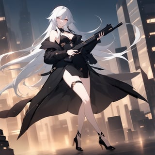 [[fu hua (phoenix)(honkai impact 3rd)]], nai3, 1girl, solo, artstyle,
1girl, solo, long hair, breasts, looking at viewer, smile, bangs,  dress, holding, cleavage, bare shoulders, very long hair, jacket, weapon, white hair, sidelocks, black footwear, holding weapon, black dress, high heels, official alternate costume, coat, gun, thigh strap, floating hair, holding gun, side slit, handgun, cityscape, skyscraper