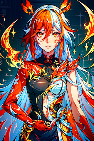 fu hua\bengluofu hua\bengluo,white_hair, orange_eyes, streaked_hair, fu hua, orange_hair, red_hair, fire, fiery_hair, hair_between_eyes, multicolored_hair, fu hua\bengluo, fiery_wings