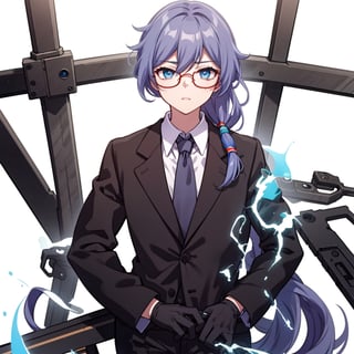 (masterpiece:1.3),(the best quality:1.2),(super fine illustrations:1.2),(Masterpiece),high quality,high detail,(white background:1.2),looking at viewer,(SOLO:1.4),outline,simplebackground,glasses,suit,long hair,shirt,necktie,jacket,blue eyes,white shirt,fu hua,white gloves,collarbone,hair between eyes,black-framed eyewear,long sleeves,low ponytail,pants,black pants,belt,