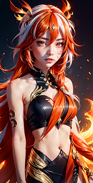 fu hua\bengluofu hua\bengluowhite_hair, orange_eyes, streaked_hair, fu hua, orange_hair, red_hair, fire, fiery_hair, hair_between_eyes, multicolored_hair, fu hua\bengluo, fiery_wings