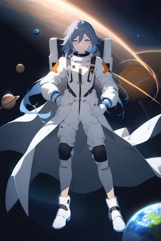 [[fu hua (phoenix)(honkai impact 3rd)]], nai3, 1girl, solo, artstyle,
1girl, solo, looking at viewer, bangs, blue eyes, simple background, gloves, long sleeves, white background, hair between eyes, closed mouth, blue hair, standing, full body, white gloves, medium hair, hand on hip, white footwear, space, knee pads, planet, earth \(planet\), spacesuit, astronaut