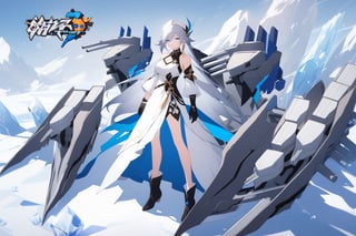 [[fu hua (phoenix)(honkai impact 3rd)]], nai3, 1girl, solo, artstyle,
1girl, solo, long hair, breasts, looking at viewer, blue eyes, large breasts, gloves, dress, bare shoulders, very long hair, full body, white hair, boots, detached sleeves, black gloves, black footwear, white dress, coat, copyright name, white headwear, ice, turret, long dress, rigging