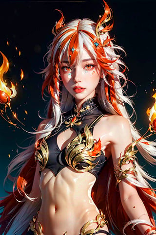 fu hua\bengluofu hua\bengluo,white_hair, orange_eyes, streaked_hair, fu hua, orange_hair, red_hair, fire, fiery_hair, hair_between_eyes, multicolored_hair, fu hua\bengluo, fiery_wings