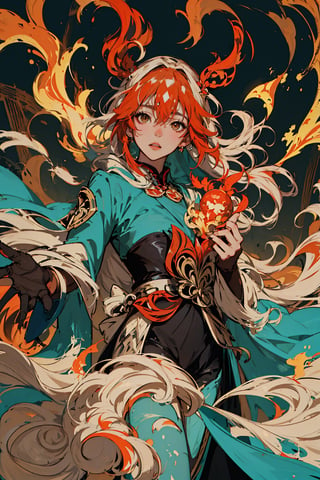 masterpiece, best quality, ultra high res, beautiful, elegant, graceful, award-winning art, 1girl, (style of Yuko Shimizu:1.4), (abstract art:1.2), style of rebecca guay, fu hua\bengluo, white_hair, orange_eyes, streaked_hair, fu hua, orange_hair, red_hair, fire, fiery_hair, hair_between_eyes, multicolored_hair, fu hua\bengluo, fiery_wings,fire, cloaked in flames, dark theme, visually stunning, gorgeous,cloud, fu hua\bengluo, ,fu hua\bengluo