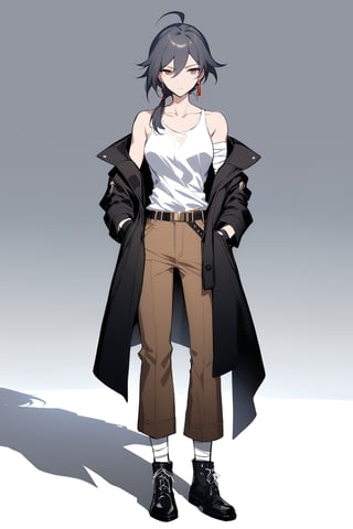 [[fu hua (phoenix)(honkai impact 3rd)]], nai3, 1girl, solo, artstyle,
solo, long hair, looking at viewer, bangs, simple background, shirt, black hair,  white background, hair between eyes, bare shoulders, brown eyes, jewelry, closed mouth, standing, collarbone, jacket, full body, white shirt, ponytail, ahoge, female focus, earrings, boots, parted lips, shoes, belt, pants, black footwear, coat, see-through, bandages, black pants, tank top, tassel, low ponytail, hand in pocket, bandaged arm, bandaged leg, brown pants, bandaged hand,muscle body