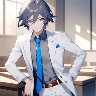 [[fu hua (phoenix)(honkai impact 3rd)]], nai3, 1girl, solo, artstyle,
solo, looking at viewer, smile, short hair, shirt, black hair, long sleeves, 1boy, closed mouth, jacket, male focus, necktie, belt, pants, indoors, hand on hip, window, white jacket, grey shirt, blue necktie, white pants