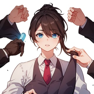 (masterpiece:1.3),(the best quality:1.2),(super fine illustrations:1.2),(Masterpiece),high quality,high detail,(white background:1.2),looking at viewer,(SOLO:1.4),outline,simplebackground,necktie,long hair,brown hair,hair over one eye,ponytail,long sleeves,white shirt,bartender,pants,belt,shirt,red necktie,vest,