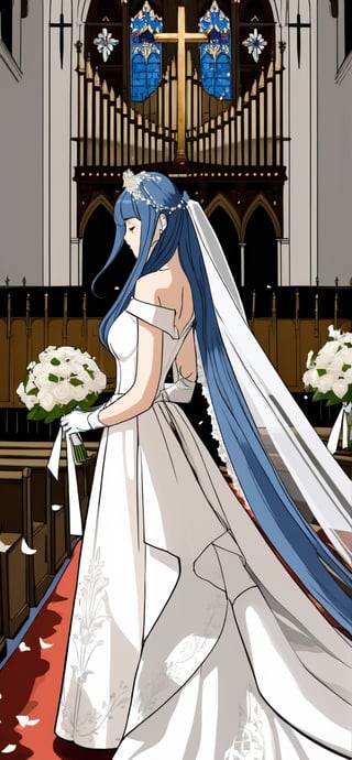 (1 beautiful woman, ornamented long blue hair,expensive detailed white wedding dress design by Clare Waight Keller, white bride veil, long white gloves), walking to the altar, holding a bouquet, church location, wedding, celebration time, petals falling down, people sitting down background, priest in front of the spouse, close-up ,perfecteyes,fu hua